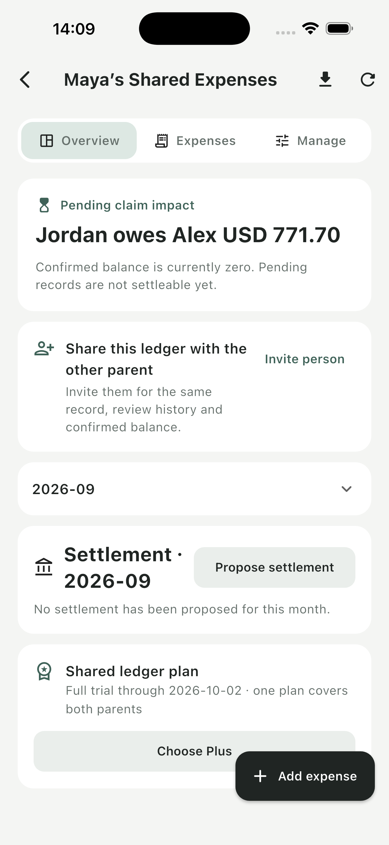 Shared Ledger interface with sample data